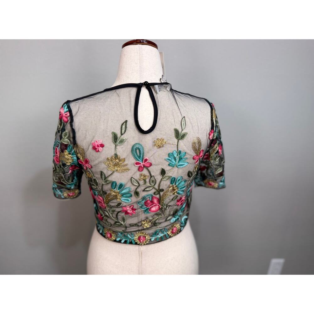 Rebellion embroidered sheer mesh crop top black floral velvet trim Sz M NWT - Picture 6 of 12
